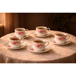 Retroneu “English Roses” Fine China Teacup & Matching Saucer Set – Set of 5